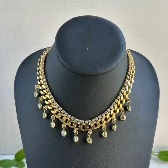 Gold Tone Choker Necklace W/ Clear Rhinestones & Dangles Adjustable 11-14" - Picture 1 of 4